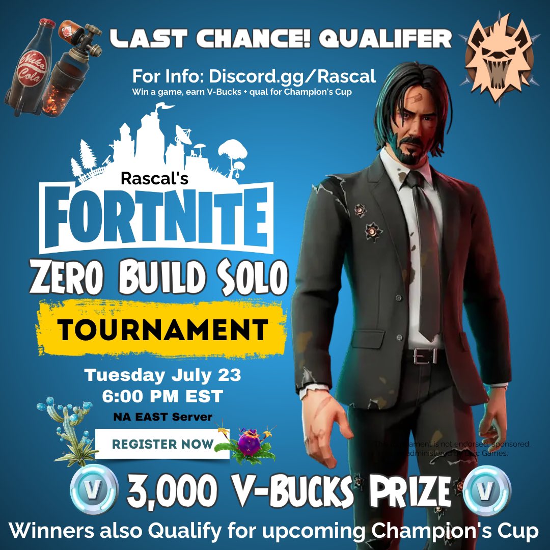 Last Chance! Qualifiers for 50k Vbucks tournament today 6PM Eastern 🔥

Win 3k vbucks and qual for Saturday’s big tournament‼️

Join ➡️ discord.gg/Rascal 

Repost and comment for a chance to win a free spot to FINALS 🔥🔥🔥