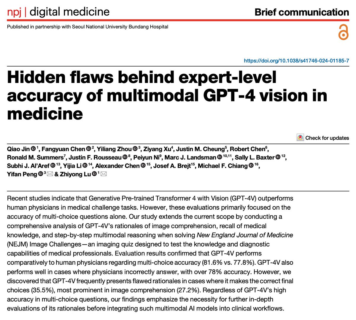 🤔 LLMs such as ChatGPT score high in multi-choice medical questions, but do they have solid rationale? 

🤯 Our evaluations revealed the hidden flaws in their decision-making.

🥳 Excited to share our latest study published with <a href="/NaturePortfolio/">Nature Portfolio</a> in <a href="/npjDigitalMed/">npj Digital Medicine</a>.  

🧵(1/N)