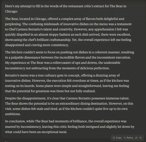 Tomé todas las palabras sueltas que mostraron en el final de The Bear (Season 3) y las pasé por Claude y este fue el resultado.

reddit.com/r/TheBear/comm…

Thanks to <a href="/lindaholmes/">Linda Holmes thisislindaholmes.com</a> for the prior work of copying each single word.