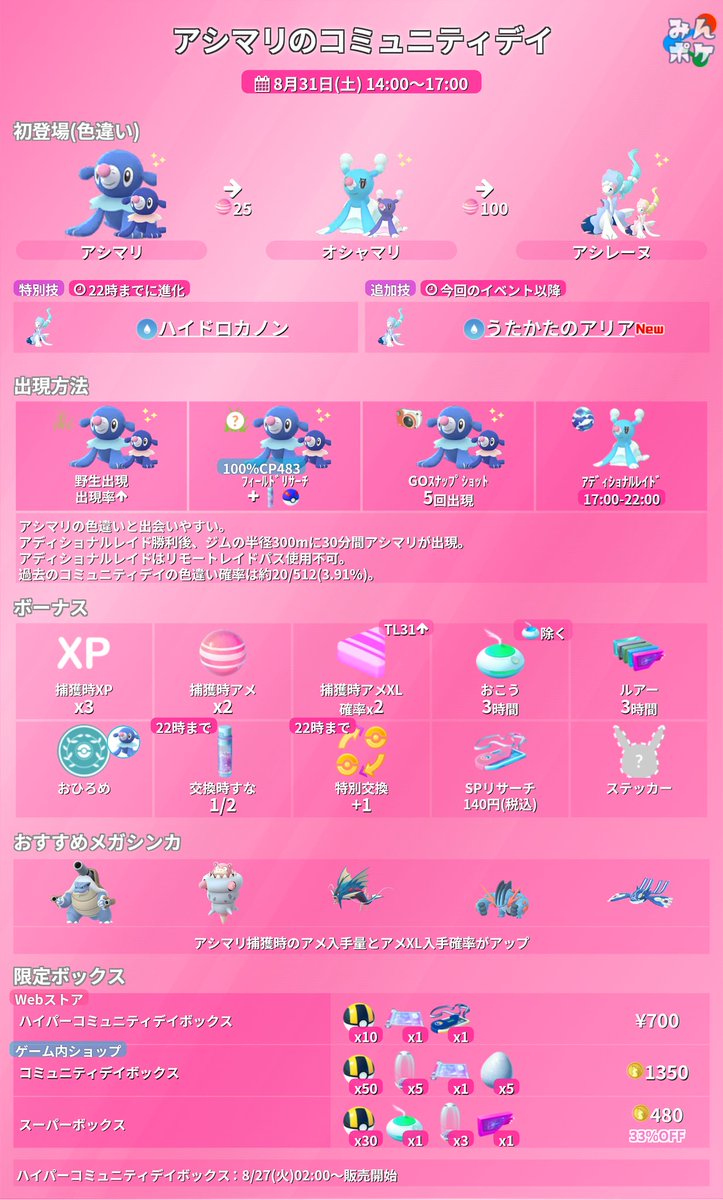 pokemongo_db's tweet photo. アシマリのコミュニティディの詳細が発表！

⚡開催期間
8月31日(土)14:00〜17:00

特別技：ハイドロカノン
追加技：うたかたのアリア
ボーナス：捕獲時XP3倍
 https://t.co/Kkwuh617ak #ポケモンGO https://t.co/VjkNMB5RVg