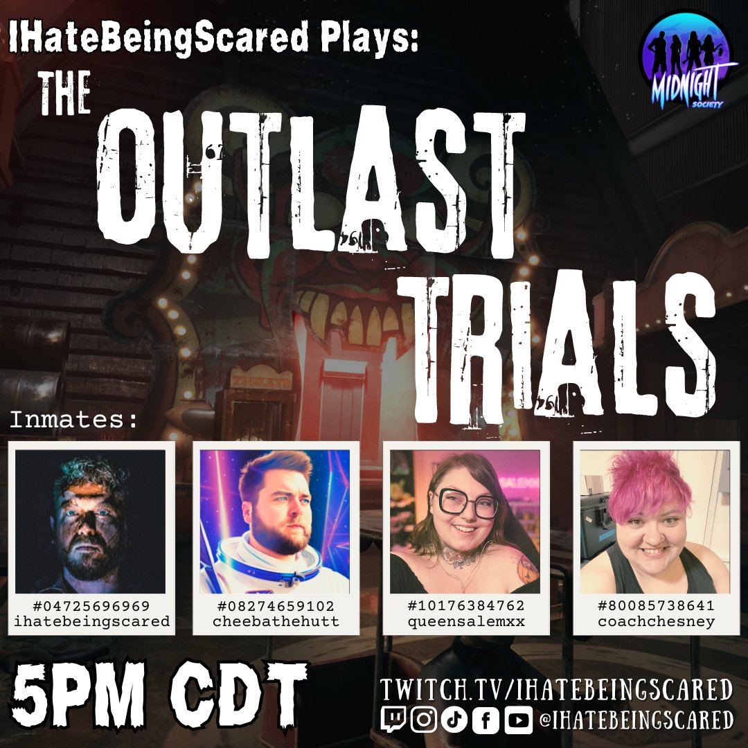 At 5pm CDT, I'll be joined by <a href="/ItsCoachChesney/">Coach Chesney</a>, <a href="/CheebaTheHutt/">Cheeba</a>, and <a href="/QueenSalemXx/">Salem ♡</a> - we're descending into hell to check out the latest update for #TheOutlastTrials! 

Get ready for a lot of chaos, screaming, and butts. 

Not our butts. The bad guys' butts. In the video game.
