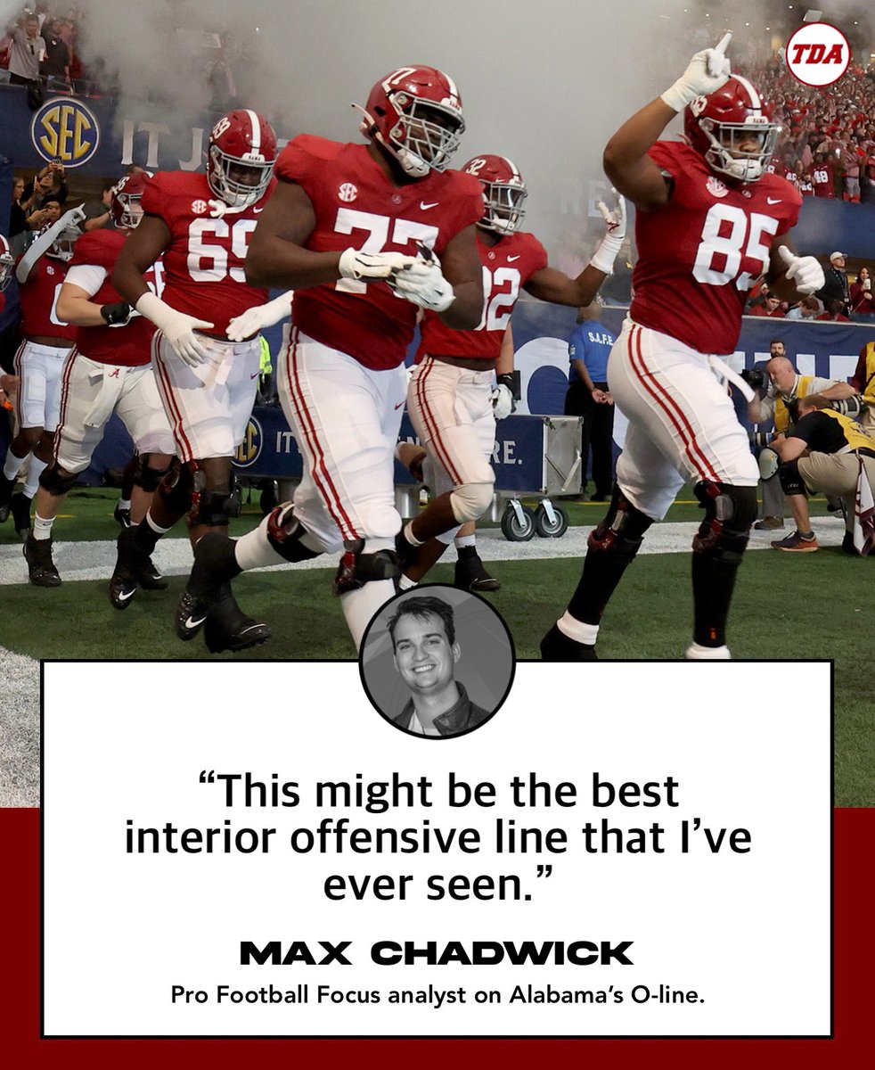 TDAlabamaMag's tweet photo. Pro Football Focus analyst Max Chadwick on Alabama’s interior front.

“This might be the best interior offensive line that I’ve ever seen.” https://t.co/HSe2TENwVY