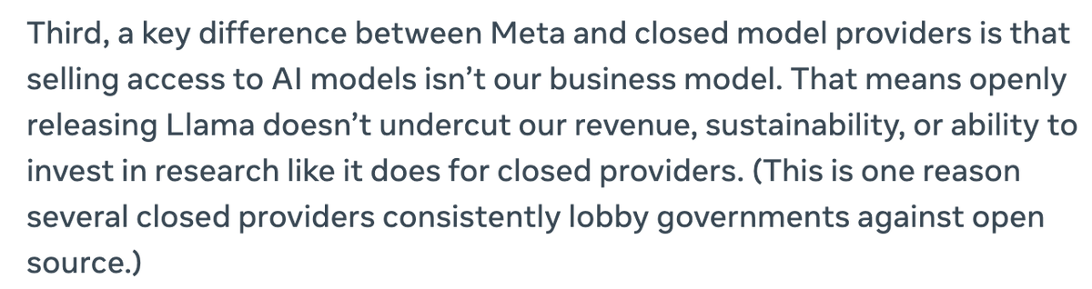 bgurley's tweet photo. Zuck (@finkd) weighs in on others attempting to use government to protect themselves and "capture" the AI market. This is hero stuff from Mr. Zuckerberg. Great for the entire entrepreneur/developer ecosystem. 🙏🙏🙏 https://t.co/DxvFKEdq8v