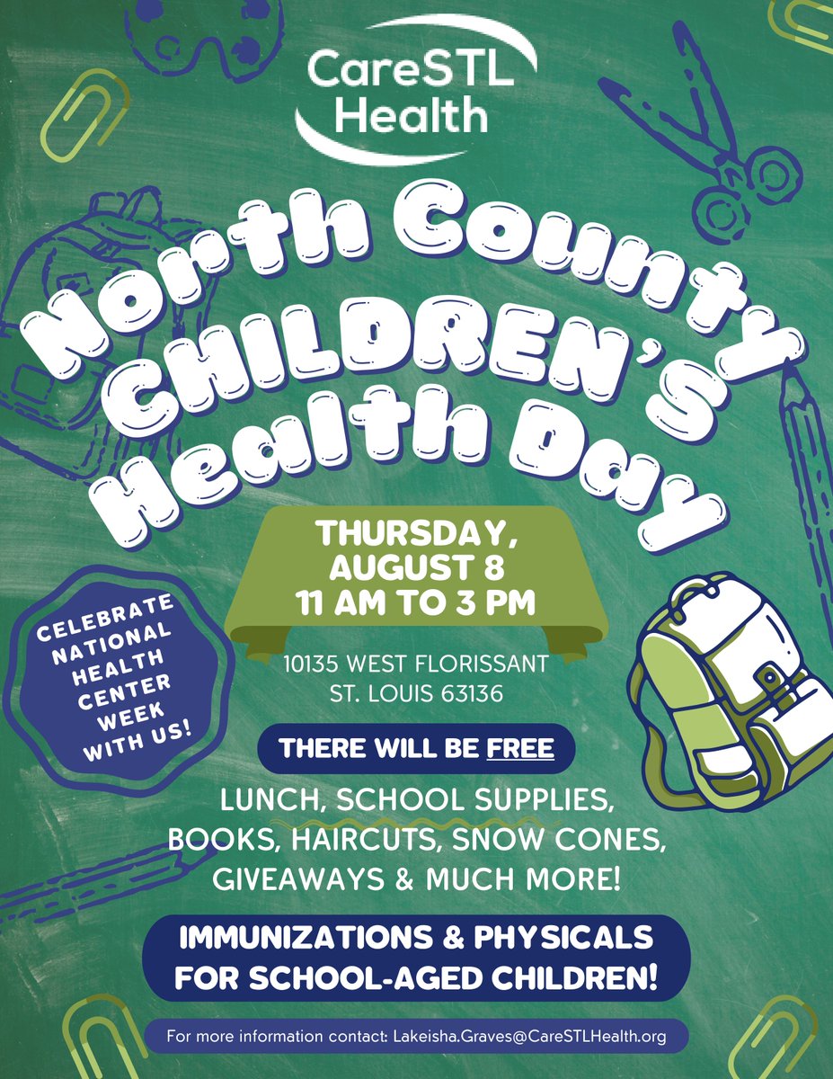 Attention Ramily! Care STL Health presents North County Children's Health Day on Thursday, August 8 from 11 am to 3pm at 10135 West Florissant. See flyer below for details. Don't miss the chance for free back to school physicals and immunizations!