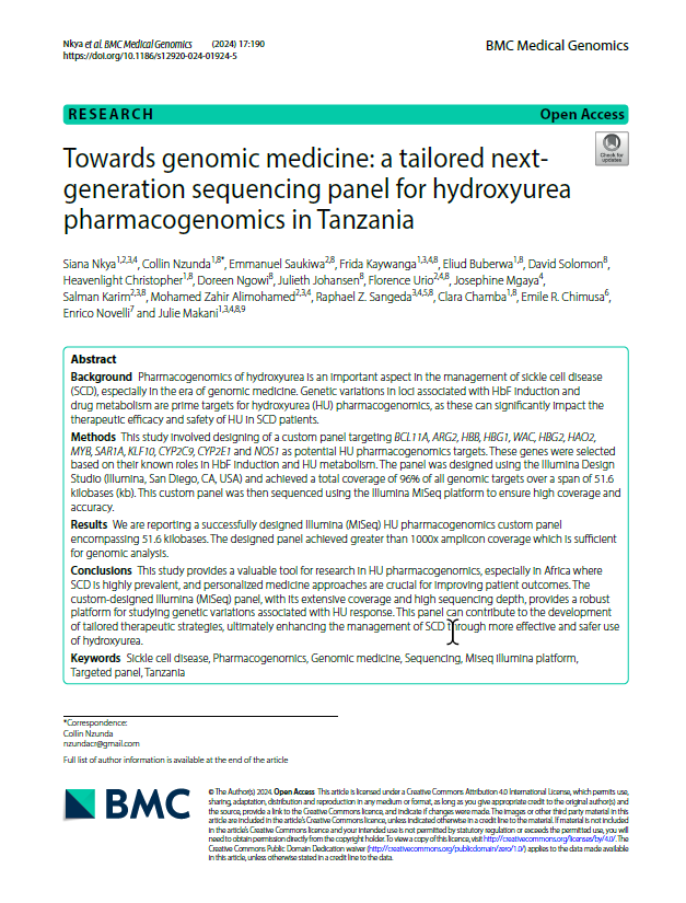 SickleInAfrica's tweet photo. A new publication authored by some SickleInAfrica members report on the the development of a customized next-generation sequencing panel for hydroxyurea pharmacogenomics. Full article: https://t.co/2EDJQwz0kQ. Congrats to the team. @Sianaeli1 @juliemakani  @ASH_hematology https://t.co/Mk3QKK1HZN