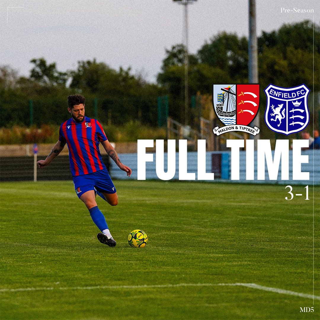 MaldonTiptreeFC's tweet photo. Full time 3-1 to Maldon vs @EnfieldFC, a positive showing in our penultimate pre season game β
#MALENF | #Jammersπ https://t.co/DynIA6SRao