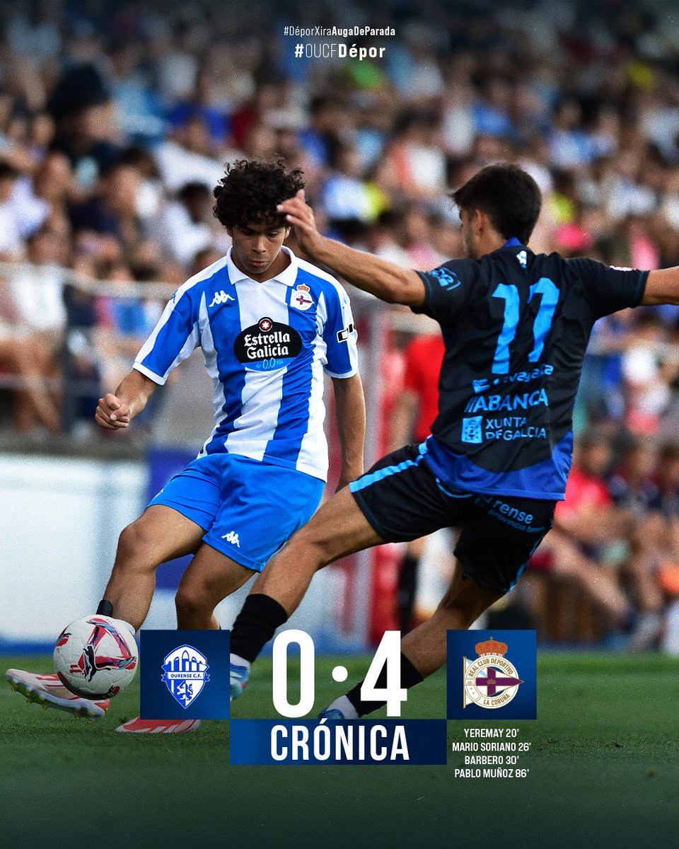 RCDeportivo's tweet photo. 📝 Crónica #OUCFDépor  | O #Dépor inicia a #DéporXiraAugadeParada cun triunfo ante o Ourense CF para levar o I Trofeo Miguel Ángel (0-4) 

🔗 https://t.co/eHYICofRfn https://t.co/MpCQGlXa65