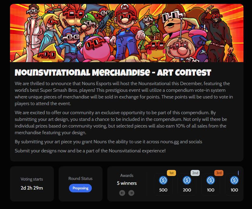Just wanted to lyk that Nouns is doing an art contest for their invitational in December!

5 winners will be picked, with first place receiving $500!

Tag an artist in the community, only 2 days left to enter!

The winning designs will be incorporated into the compendium where