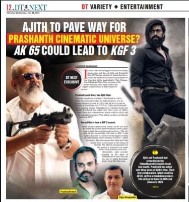dt_next's tweet photo. Exclusive: The big reveal! #AjithKumar and #PrashanthNeel are set to collaborate for two consecutive projects. Their second collaboration will mark the beginning of #PrashanthCinematicUniverse with climax leading to #KGF3. 

🖊️: @iamkaushikr 

Read more 
https://t.co/FVPhJU2Rk4 https://t.co/r81gHzDcSR