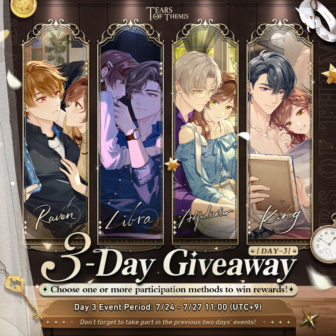 TearsofThemisEN's tweet image. #ToT3rdAnniv 3-Day #Giveaway ③

🎁 Choose one or more methods to enter!

✅ Follow and 🔁 Repost ➡ Merch Pack (1 winner)
📝 Give Tears of Themis your best wishes ➡ S-Chip ×200 (10 winners)

Ends on 2024/7/27 at 11:00 (UTC+9)

More Rules: hoyo.link/aULjFBAL

#TearsOfThemis