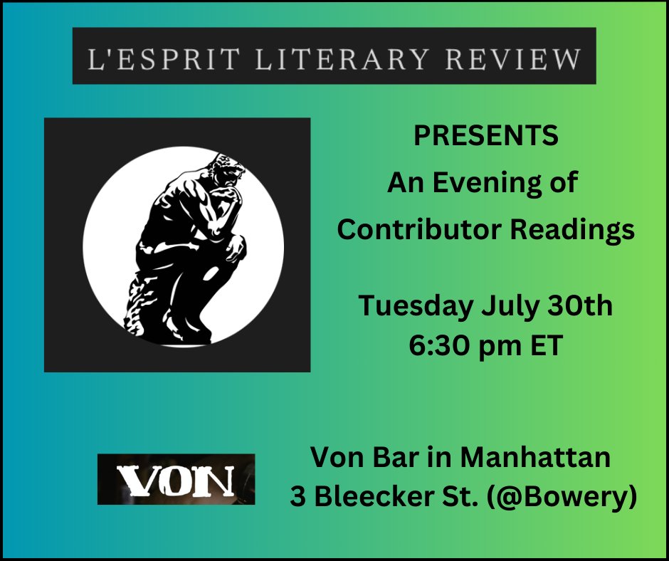 Join us next Tuesday, July 30th, for a reading at <a href="/vonbarnyc/">Von Bar NYC</a>!