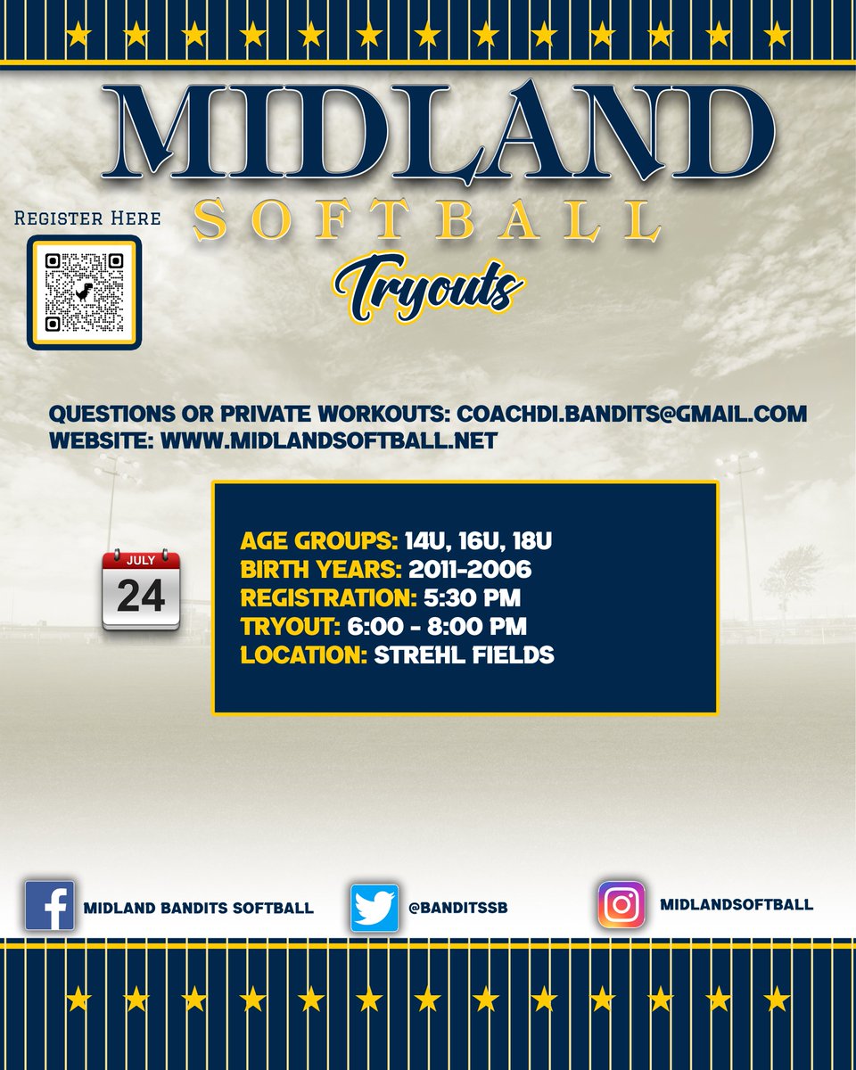 Our last scheduled tryout is tomorrow for 14U, 16U and 18U.  For any private tryouts, message us here or email coachdi.bandits@gmail.com.

See you tomorrow at 

Strehl Fields 
6000 State Rte N, Cottleville, MO 63304