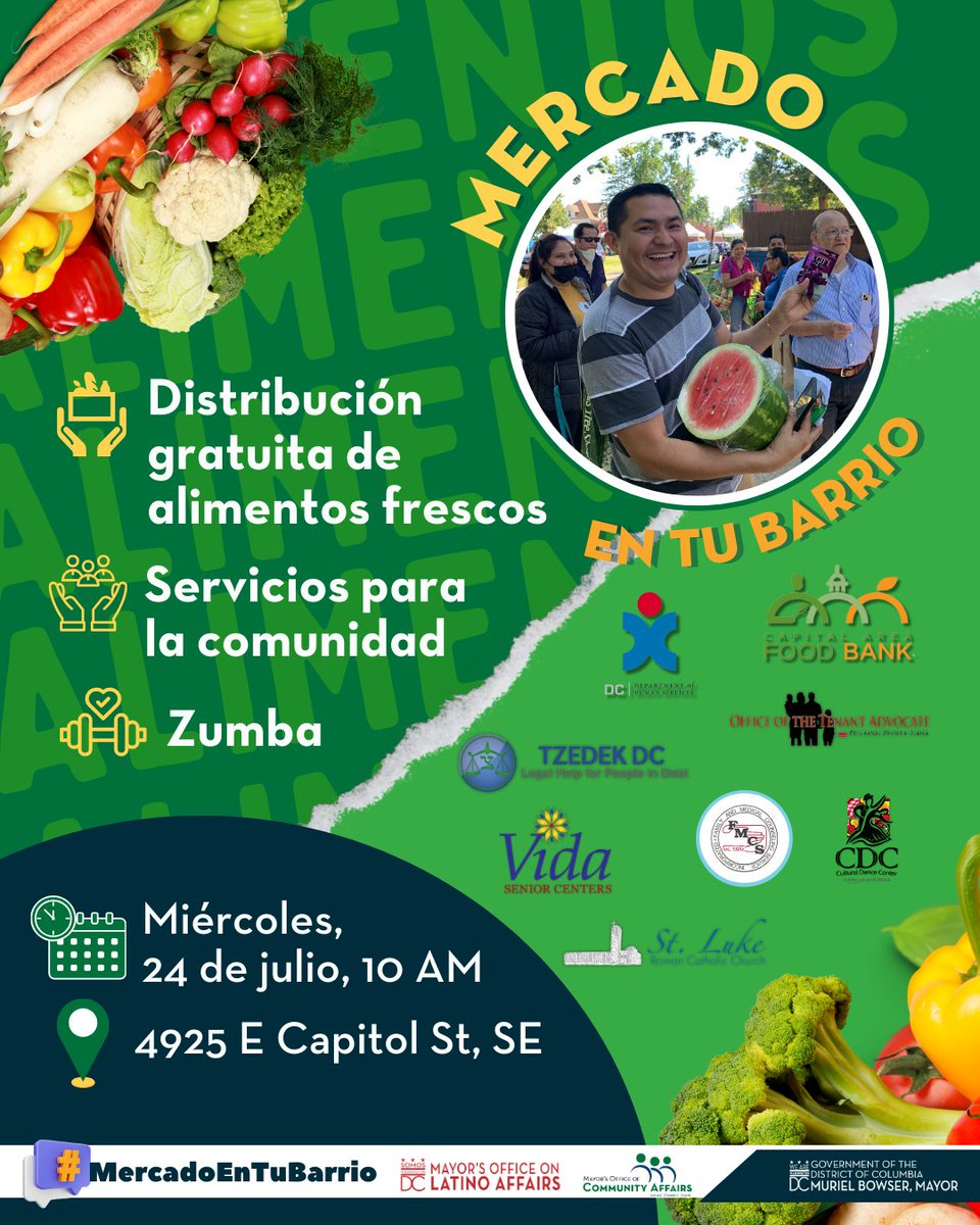 OLADCGov's tweet photo. 🥭¡Jornada de Distribución de Alimentos Gratuito! También puedes obtener acceso a servicios para la comunidad. Por favor lleva tu bolsa y comparte este mensaje
🗓️ Miércoles, 24 de julio
⏰10 am
🗺️ 4925 E Capitol St, SE
#DCValues #SOMOSDC #MercadoEnTuBarrio #FreeFoodDistribution https://t.co/UMZfByziuo