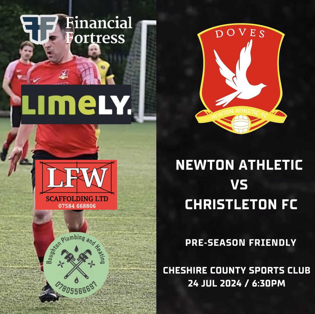 Newton Athletic (@newtonath_doves) on Twitter photo FIXTURE |
Last pre-season friendly as we host local friends <a href="/christleton_fc/">ChristletonFC</a>
<a href="/CheshireFL/">Cheshire Football League ⚽️</a> FIXTURE |
Last pre-season friendly as we host local friends <a href="/christleton_fc/">ChristletonFC</a>
<a href="/CheshireFL/">Cheshire Football League ⚽️</a>