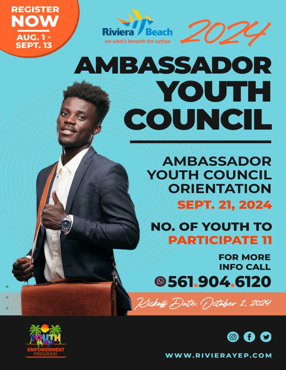 Exciting opportunity alert! 🌟 Become a part of positive change in Riviera Beach by joining the Ambassador Youth Council today. Check out the flyer for all the details. #YouthCouncil #RivieraBeach #PositiveChange 🌴👫