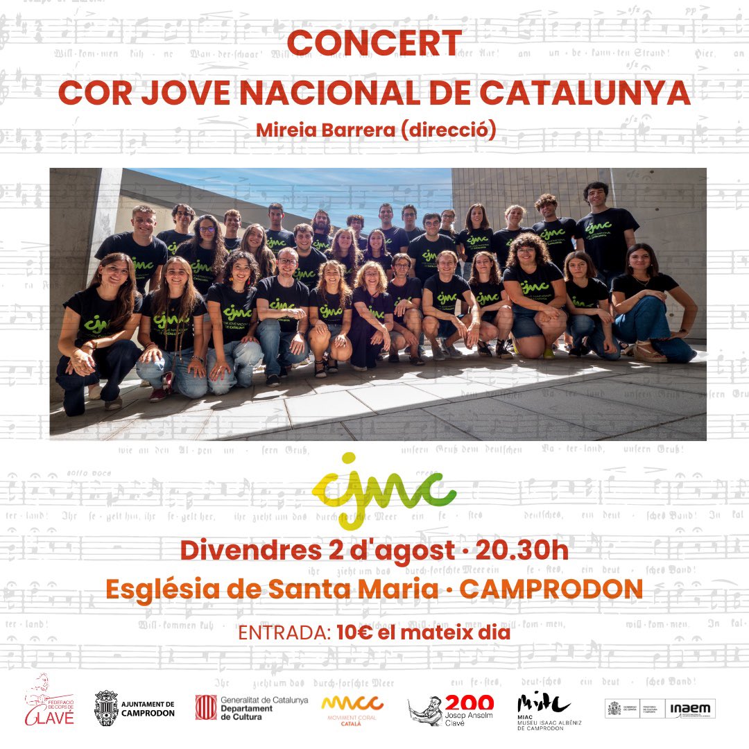 Federació de Cors de Clavé (@corsclave) on Twitter photo 🔴 Concert del <a href="/cjncatalunya/">Cor Jove Nacional de Catalunya</a> a #CAMPRODON.
Mireia Barrera, direcció
📆 Divendres, 2 d'agost de 2024 | 20.30h
📍Església de Santa Maria
🎫 10€ (El mateix dia)
🎵 39è. Festival Albéniz de Camprodon i #BicentenariClavé.
<a href="/anyclave/">Any Clavé</a> <a href="/MoviCoralCat/">Moviment Coral Català</a> #SomCorsClavé 🔴 Concert del <a href="/cjncatalunya/">Cor Jove Nacional de Catalunya</a> a #CAMPRODON.
Mireia Barrera, direcció
📆 Divendres, 2 d'agost de 2024 | 20.30h
📍Església de Santa Maria
🎫 10€ (El mateix dia)
🎵 39è. Festival Albéniz de Camprodon i #BicentenariClavé.
<a href="/anyclave/">Any Clavé</a> <a href="/MoviCoralCat/">Moviment Coral Català</a> #SomCorsClavé