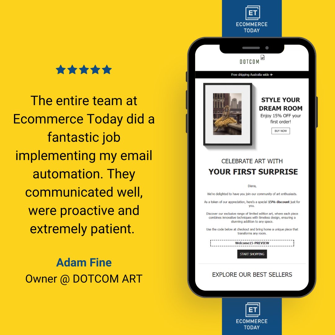 🎨 Dotcom-Art.com Goes Live! 🎨

We’re excited about the new email marketing system we created for Dotcom-Art.com! 🌟 Their review is fantastic. Check it out and let’s work together!

#EmailMarketing #ClientSuccess #EcommerceToday
