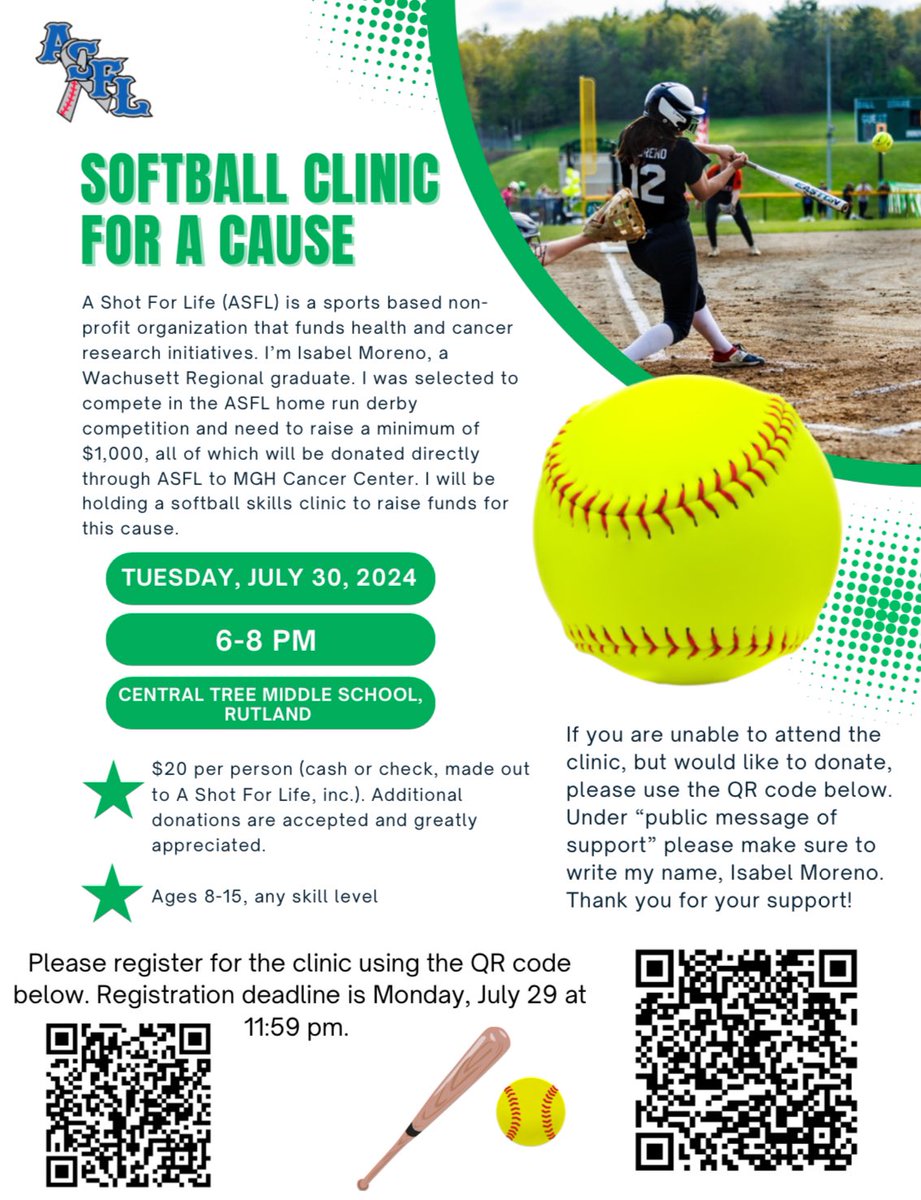 <a href="/isabelmoreno_12/">Isabel Moreno</a> will be hosting a skills clinic next Tuesday 7/30 at 6:00pm at Central Tree School in Rutland for softball players of all skill levels ages 8-15. 

Come support a great player raising money for a great cause. 

She takes her skills to <a href="/SkidmoreSBALL/">Skidmore Softball</a> next season!