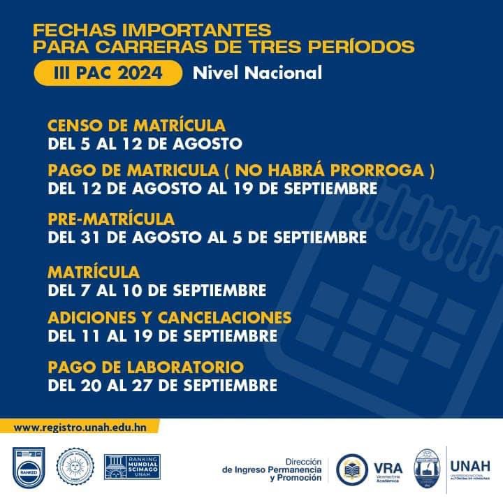 UNAHCortes's tweet photo. Fechas importantes para el III PAC 2024. https://t.co/IaYumeno6q