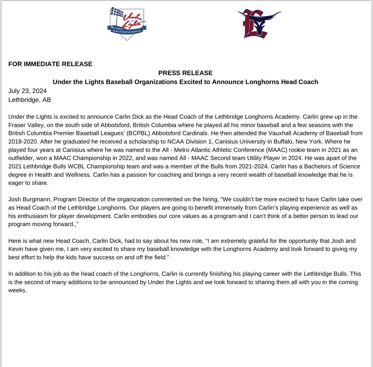 Under the Lights baseball organization announces the hiring of Bulls 1st baseman Carlin Dick as Head Coach of the Longhorns Academy!