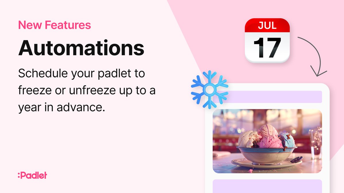 We've added automations to Padlet. You can schedule a padlet to freeze and unfreeze. When you freeze a padlet, no one can add, edit, or delete anything on it.

These simple automations lay the groundwork for more complex flows. Let us know what automations you want to see next!