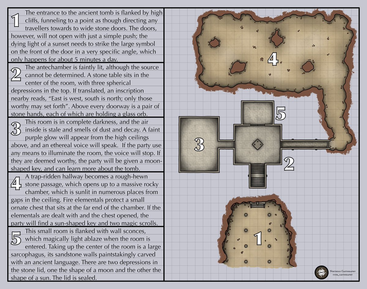 Made three dungeons during the height of the Dungeon23 madness last year, using 5-Room Dungeon methodology. GMs, feel free to download and use these images as a stop gap in your sessions!

Link below for bundle (with label and grid free versions) on DriveThruRPG ⬇️

#ttrpg