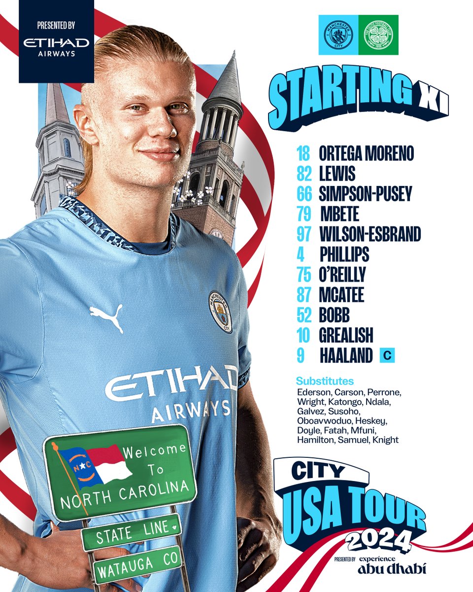 ManCity's tweet photo. Your City side to face Celtic! 🩵

XI | Ortega Moreno, Lewis, Simpson-Pusey, Mbete, Wilson-Esbrand, Phillips, O’Reilly, McAtee, Bobb, Grealish, Haaland (C)

SUBS | Ederson, Carson, Perrone, Wright, Katongo, Ndala, Galvez, Susoho, Oboavwoduo, Heskey, Doyle, Fatah, Mfuni, Hamilton, Samuel, Knight

#ManCity | @etihad