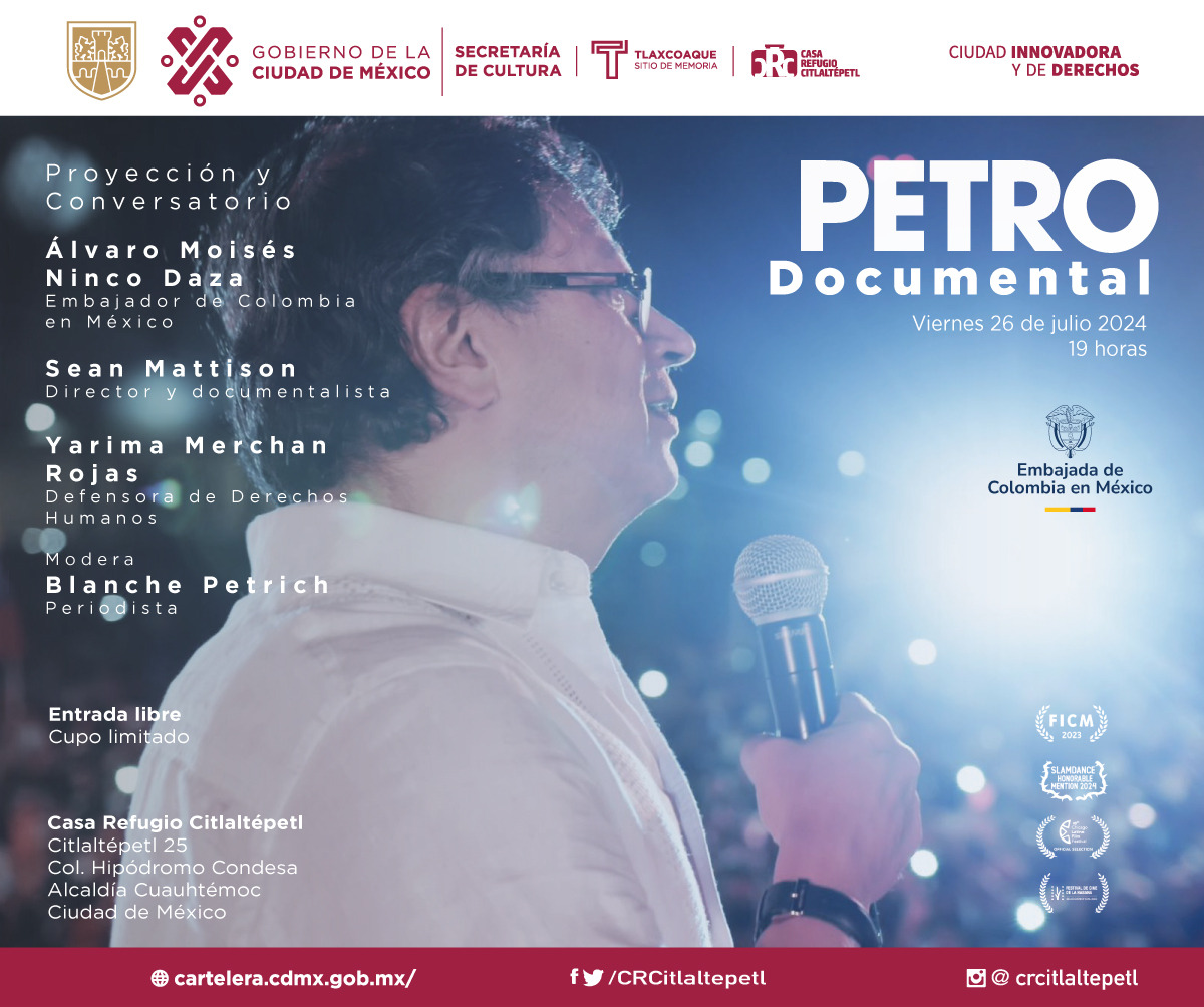 CRCitlaltepetl's tweet photo. Nos alegra invitarlos a la proyección y conversatorio del documental “Petro”, un filme que profundiza en la vida y trayectoria de uno de los líderes más influyentes de nuestra época. #embajadacolombiana #embajadacolombia @embamexco #documental #hipodromocondesa #laromamx https://t.co/7DjWuVb1l9