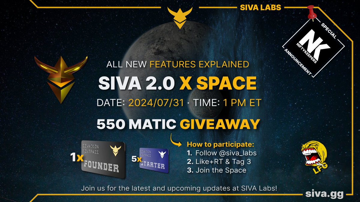 🚀 ALL NEW FEATURES EXPLAINED 🚀

Join us for SIVA 2.0 X SPACE
Engage2Earn &amp; Social Wallets
📅 2024/07/31
🕐 1 PM ET

💸 550 MATIC NFT #Giveaway 💸

How to participate:
1️⃣ Follow <a href="/siva_labs/">SIVA Labs</a>
2️⃣ Like + RT &amp; Tag 3
3️⃣ Join the Space 👇

x.com/i/spaces/1nAKE…

#CryptoCommunity