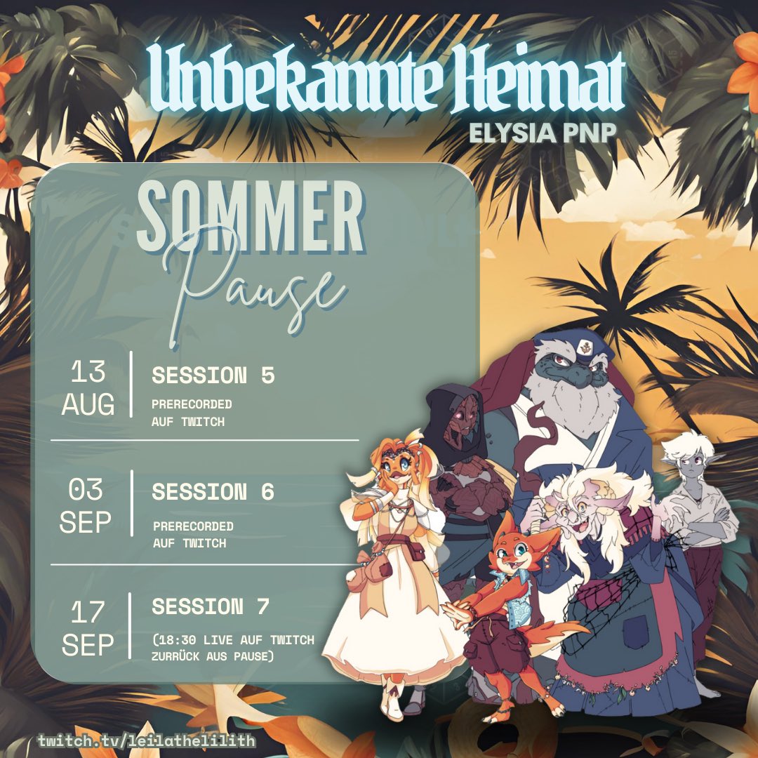 Elysia PnP geht in Sommerpause ~

Damit ihr nicht so lang auf Entzug seid haben wir vorproduziert! 

13.08 &amp; 3.09. (ab 18:30 Uhr) 
auf Twitch &amp; YouTube 
Wir sehen uns im Chat ❤️

Offiziell wieder da sind wir am 17.09. 

@Tice1991 <a href="/Sackgraefin/">Jeanne_Doe</a> <a href="/Eti_lane/">Etilane🐰</a> <a href="/DitoMido/">𝘿 𝙄 𝙏 𝙊 (ehemals reacter auf SCG)</a> @Coko