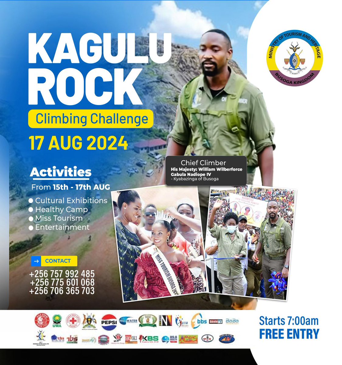 You are welcome to Kagulu on the 17th August 2024 for the annual climbing  challenge. Join the Kyabazinga of Busoga on this auspicious  occasion <a href="/BusogaTourism/">Busoga ministry of Tourism and Heritage</a>