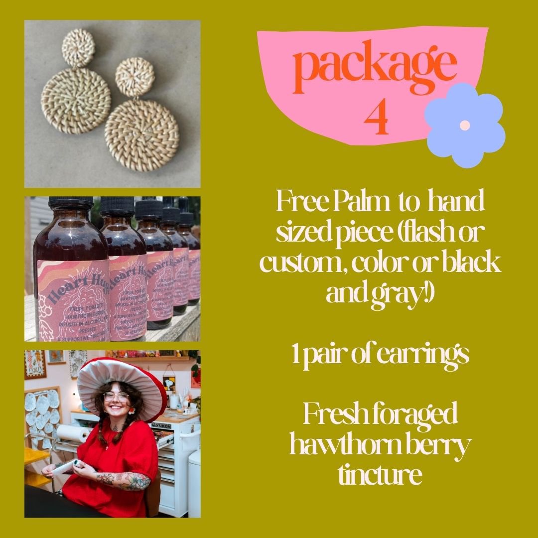 snoochyboochyzz's tweet photo. packages 4 &amp; 5 are for my colorado fam! we have two bundles with tattoos from amazing local artists, as well as a mushroom cultivation course (date TBD) with my boss man! these packages are $4 per entry! https://t.co/uQbCoHhHWR