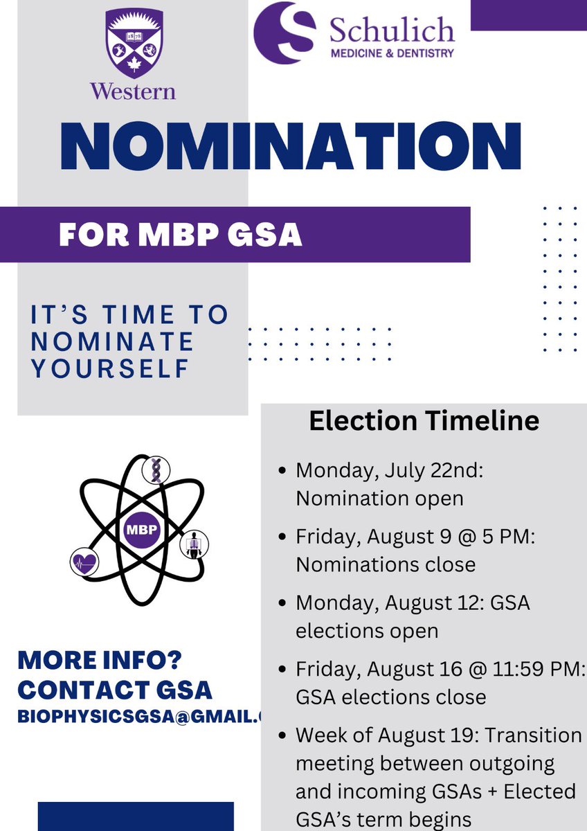 MBP_GSA's tweet image. Hi MBP grad Students,
It is time to nominate and elect next year’s GSA! To nominate yourself, please email the GSA (biophysicsgsa@gmail.com) with your intent and a short explanation (~250 words) about why you want to run. See more info below!