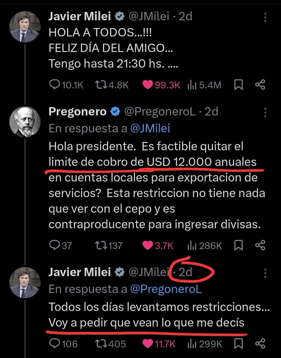 TraductorTeAma's tweet photo. Hace dos días le sugirieron a @JMilei por X que estaria bueno elevar el límite de los USD 12.000 anuales para la no liquidación de exportaciones de servicios a TC oficial.
Hoy el monto se duplicó a USD 24.000 anuales.
Dos días...

Milei es el mejor presidente del mundo. Entiendanlo.