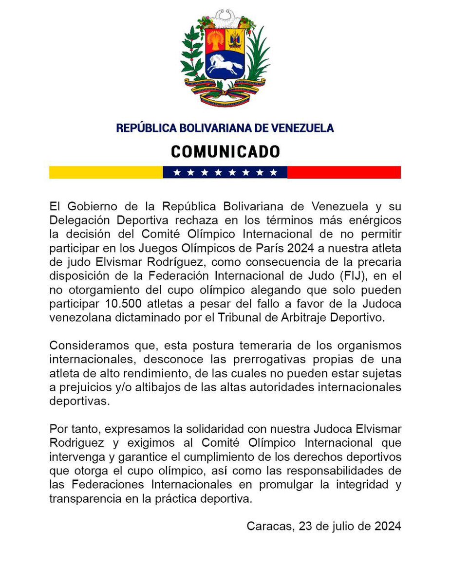 yvangil's tweet photo. El Gobierno de la República Bolivariana de Venezuela y su Delegación Deportiva rechaza en los términos más enérgicos la decisión del Comité Olímpico Internacional de no permitir participar en los Juegos Olímpicos de París 2024 a nuestra atleta de judo Elvismar Rodríguez, como consecuencia de la precaria disposición de la Federación Internacional de Judo (FIJ), en el no otorgamiento del cupo olímpico alegando que solo pueden participar 10.500 atletas a pesar del fallo a favor de la Judoca venezolana dictaminado por el Tribunal de Arbitraje Deportivo.