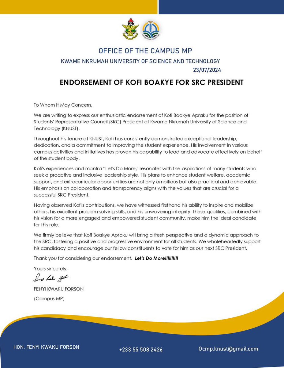 campushelpdesk's tweet photo. CAMPUS CONSTITUENCY ENDORSES @KofiBoakye_A as OUR NEXT SRC PRESIDENT.
 
Let’s do more!!!!!

 #BestToLead
 #LetDoMore https://t.co/JEP75ptFnp