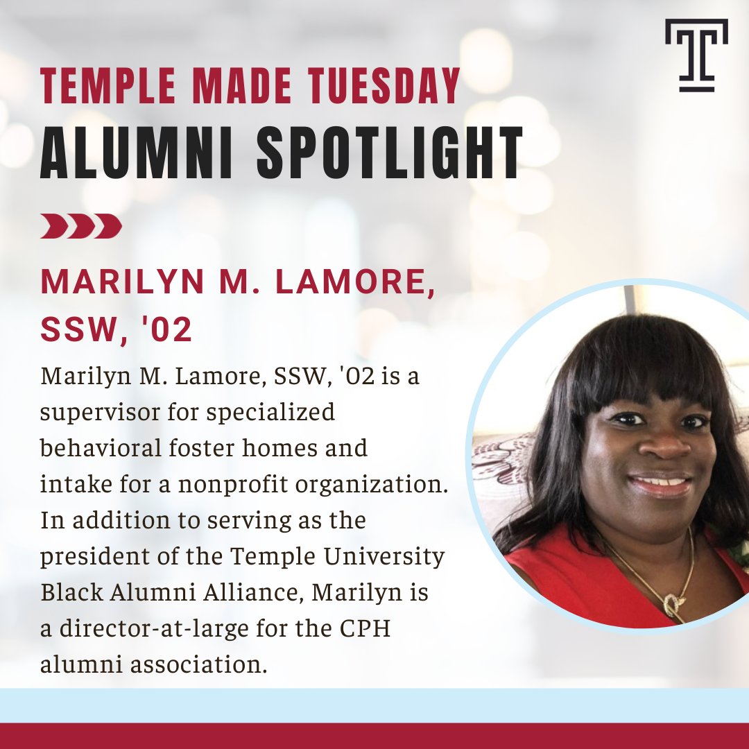 Marilyn M. Lamore, SSW, '02 is a supervisor for specialized behavioral foster homes and intake for a nonprofit organization. She serves as the president of the @tubaaowls, as well as a director-at-large for the @templecphaa. Learn more about Marilyn: bit.ly/3zwihQ7