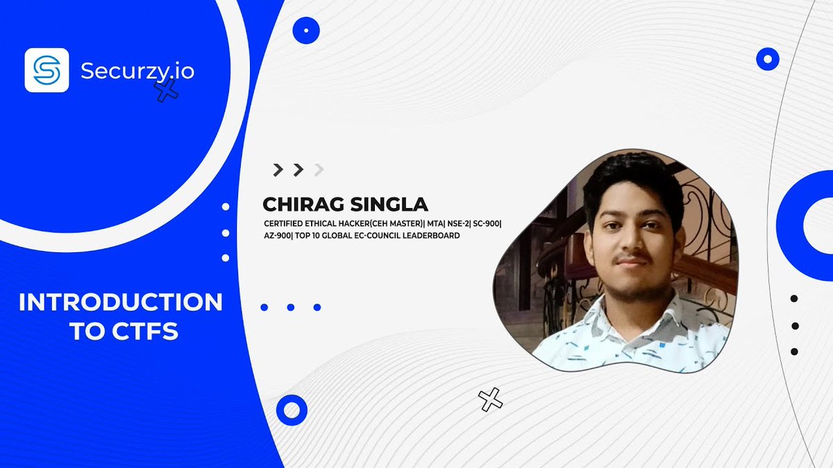 🛡️ Dive into the world of Cybersecurity Challenges! Join Chirag Singla in a thrilling journey through 'Introduction to CTFs.' Uncover the secrets of Capture The Flag challenges and elevate your #Cybersecurity skills. Watch now: youtube.com/watch?v=XLAuu0… #CTF #Securzy