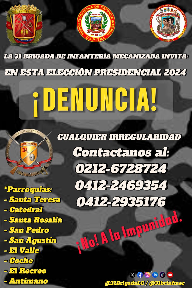 31BrigadaLC's tweet photo. Durante ésta nueva jornada Electoral Presidencial. La @31BrigadaLC coloca a disposición los siguientes números telefónicos, con la finalidad de que puedas hacer tu denuncia ante cualquier eventualidad o irregularidad qué pueda presenciar. ¡DENUNCIA! https://t.co/VJPxbcIeJz
