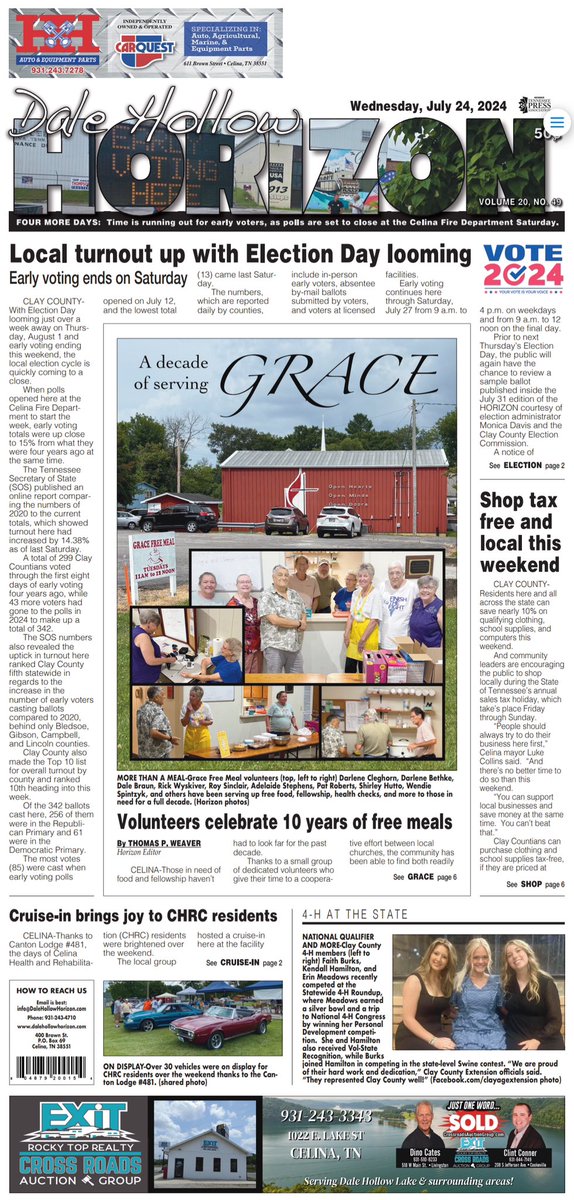 IN THIS WEEK’S NEWSPAPER:

Get caught up on the latest election news, including how many ballots have been cast locally.

Read about volunteers serving free meals for the past decade.

Find out who earned a trip to the 
4-H Nationals.

And discover much more in this week’s paper!