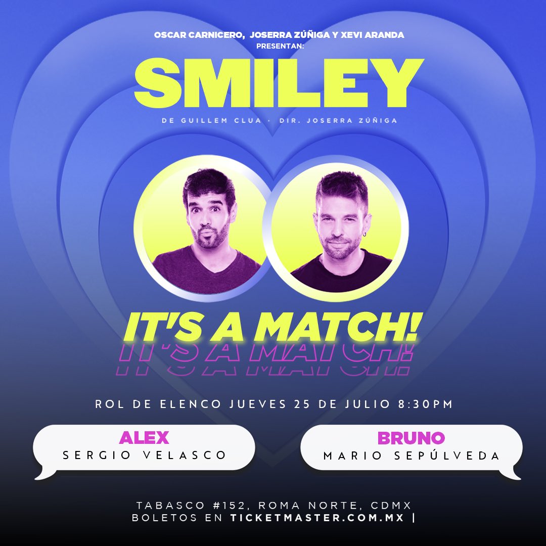 ¿Podrán dos personalidades completamente opuestas hacer match?🤔

Esta semana en #SMILEY <a href="/sergiovelascogl/">Sergio Velasco</a> y  <a href="/Mariosepulveda1/">Mario Sepúlveda</a> serán Alex y Bruno 😍

¡Compra tus boletos con 30% de descuento!

🗓️Jueves 25 de julio, 8:30 pm
🎟️Boletos en taquilla o en shops.ticketmasterpartners.com/smileyprom30