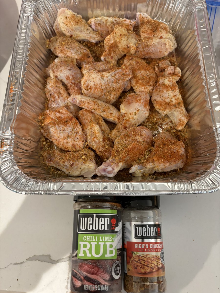 Ahh pan 2 of Tuesday #chickenwings using <a href="/WeberGrills/">Weber Grills</a> #chilelimerub &amp; #kicknchicken. Gotta love backed chicken wings just like cooking on the grill.
