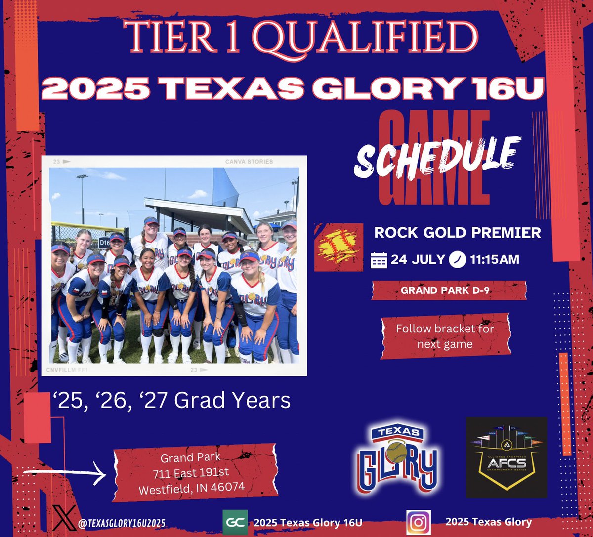 2025 Texas Glory (@2025texasglory) on Twitter photo ‼️TIER 1 QUALIFIED‼️
Bracket game is scheduled for tomorrow! Come see us!!
⏰ 11:15 am, July 24
📍Grand Park (D-9)
<a href="/thealliancefp/">The Alliance Fastpitch</a> <a href="/TFLfastpitch/">Texas Fastpitch League</a> <a href="/TexasGlory/">Texas Glory</a> <a href="/coachbri15/">Bri</a> <a href="/WinTheNextPitch/">Jimmy</a> <a href="/LarranLimbaugh/">Larran Limbaugh</a> ‼️TIER 1 QUALIFIED‼️
Bracket game is scheduled for tomorrow! Come see us!!
⏰ 11:15 am, July 24
📍Grand Park (D-9)
<a href="/thealliancefp/">The Alliance Fastpitch</a> <a href="/TFLfastpitch/">Texas Fastpitch League</a> <a href="/TexasGlory/">Texas Glory</a> <a href="/coachbri15/">Bri</a> <a href="/WinTheNextPitch/">Jimmy</a> <a href="/LarranLimbaugh/">Larran Limbaugh</a>