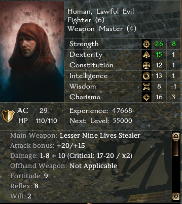 Building towards Blackguard on a Neverwinter Nights persistent world. The dungeon crawling is really fun, especially when you run into other players.