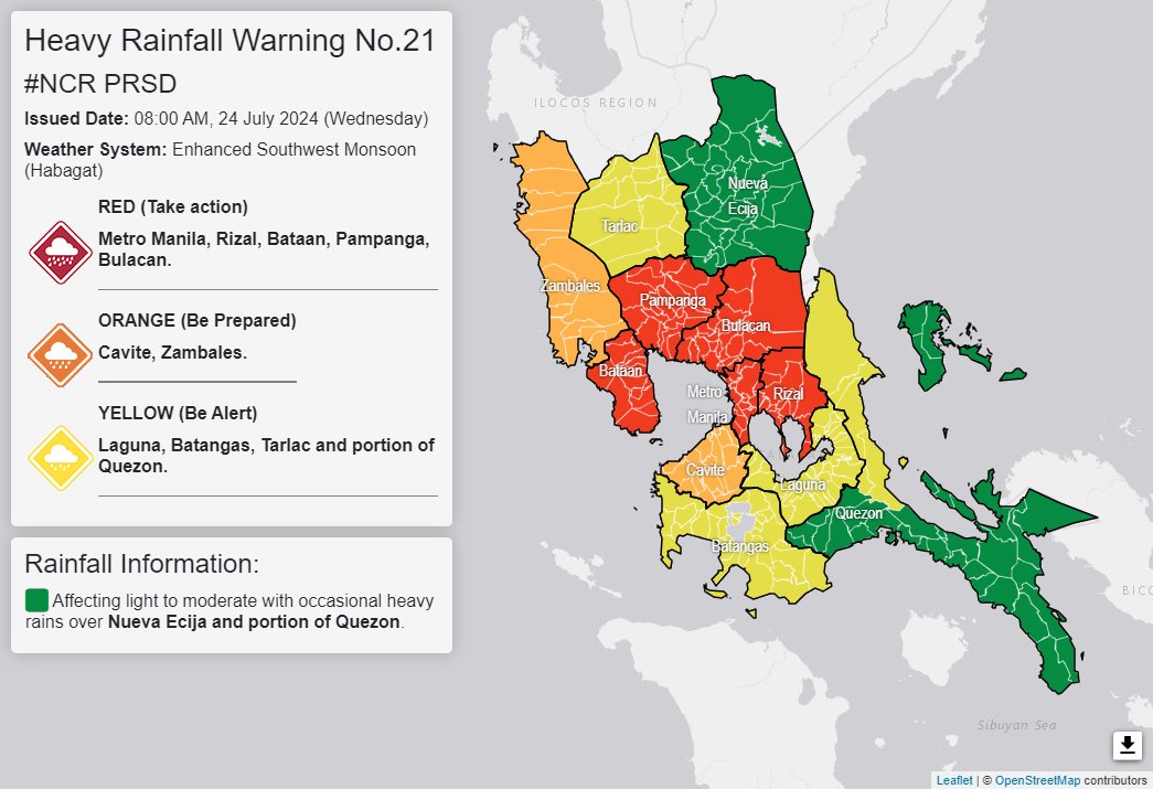 dost_pagasa's tweet image. Heavy Rainfall Warning No. 21 #NCR_PRSD
Weather System: Enhanced Southwest Monsoon (Habagat)
Issued at: 8:00 AM, 24 July 2024(Wednesday)

RED WARNING LEVEL: Metro Manila, Rizal, Bataan, Pampanga and Bulacan.
ASSOCIATED HAZARD: Serious FLOODING in flood-prone areas.

ORANGE…