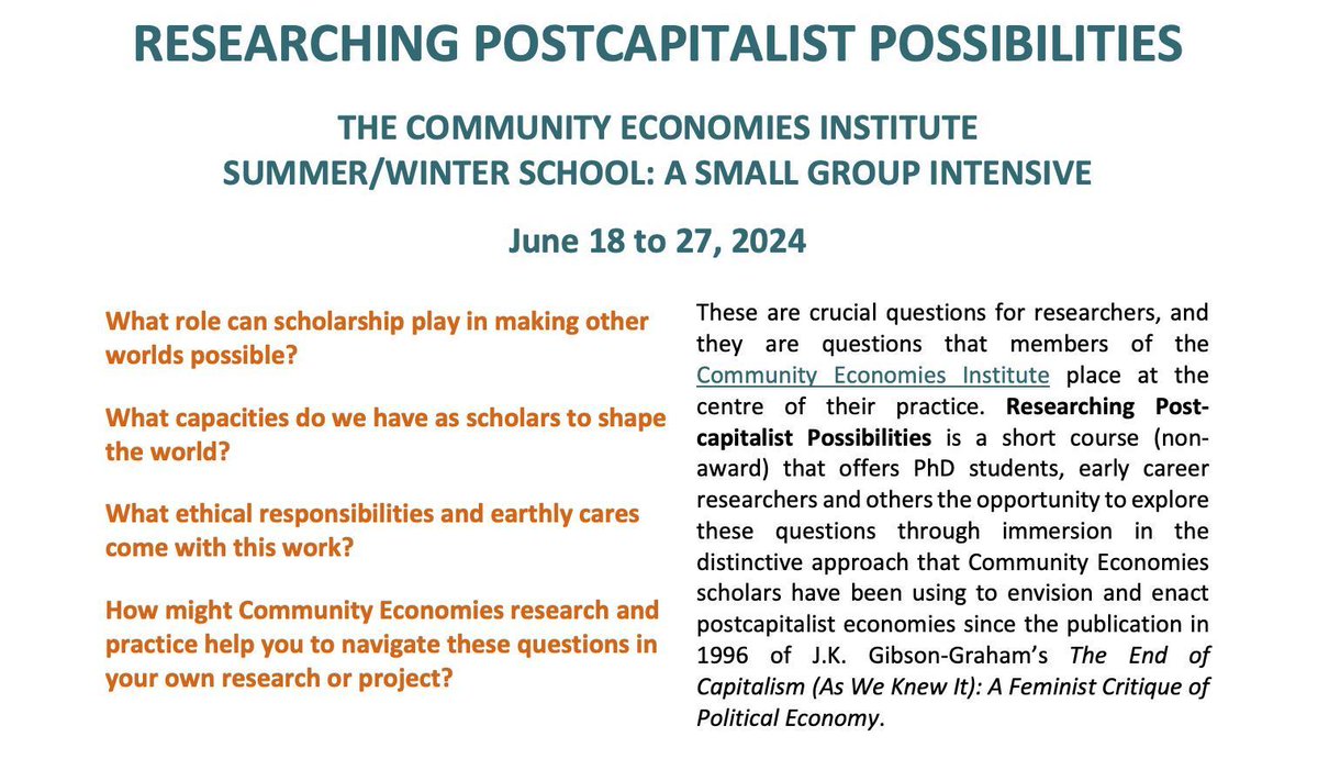 Researchers Le-Anne Bannan &amp; Dr. Caitlin Finlayson attended the June 2024 Community Economies Summer/Winter School to explore postcapitalist possibilities. Discover more about the CE School at buff.ly/3zHXzN0 and how this is shaping the project at buff.ly/4aQQEze