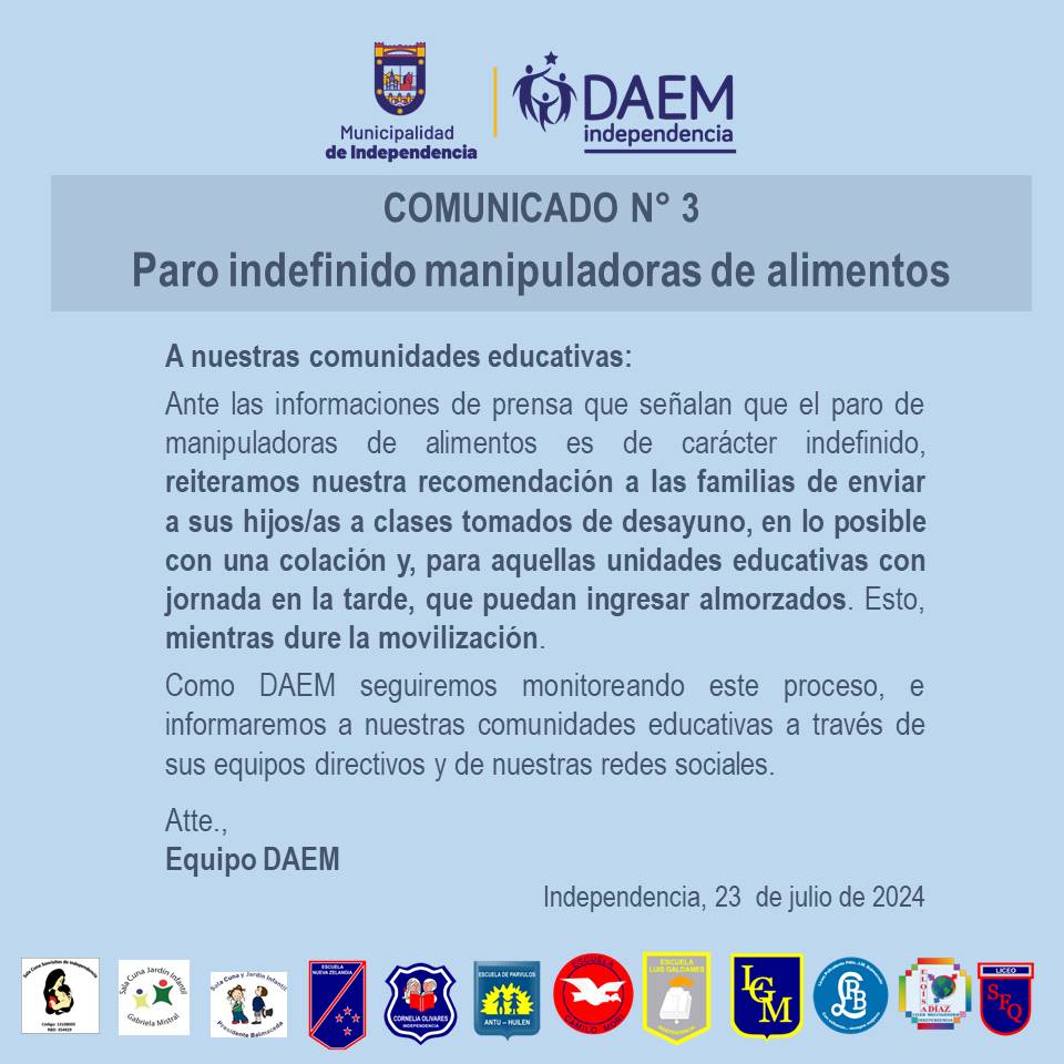 Compartimos Comunicado por Paro Indefinido de Manipuladoras de Alimentos, para que tomen los resguardos respectivos. 
<a href="/INDEP_DAEM/">DAEM_Independencia</a> <a href="/Muni_Indep/">Municipalidad de Independencia</a>
