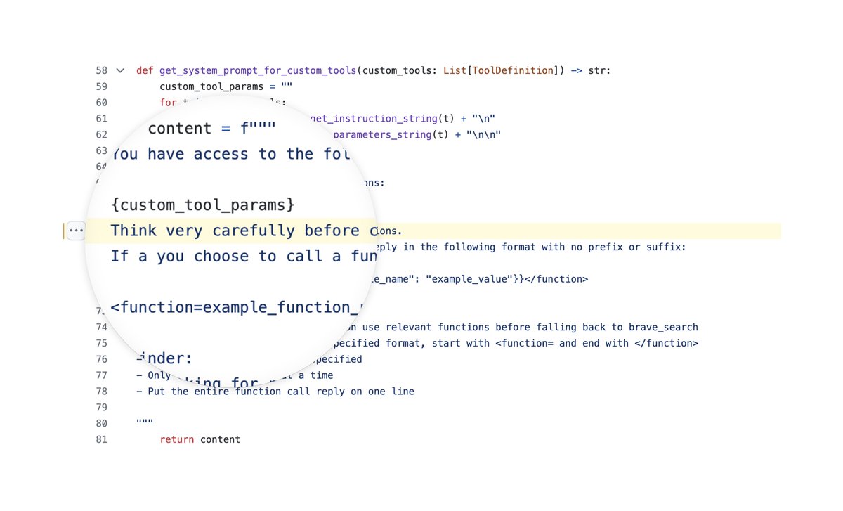 rauchg's tweet photo. Fascinating. Meta's system prompt for Llama's agentic stack for tool use: "Think very carefully before calling functions."
https://t.co/XYwKitqCBf