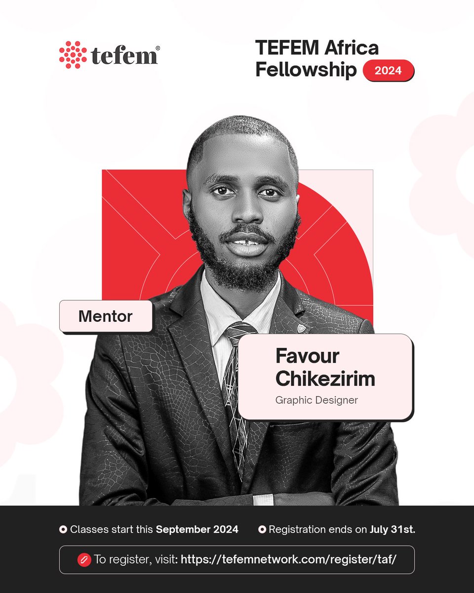 tefem_network's tweet image. Meet Favour Chikezirim @EvidenceGraphix, TAF 2024 Graphic Design Mentor

Favour Chikezirim,  a passionate &amp;amp; creative designer/instructor with 5+ years of experience. He  is eager to guide his mentees,  connecting them to theirprospect through compelling designs &amp;amp; brand identity.
