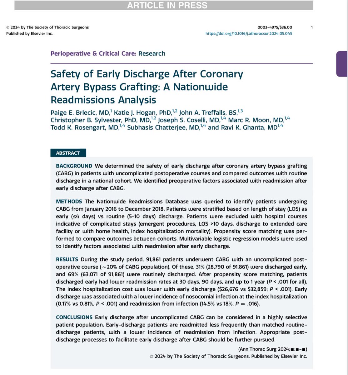 John Treffalls, MD (@johntreffalls) on Twitter photo Excited to share our latest work in <a href="/annalsthorsurg/">The Annals of Thoracic Surgery</a>, led by superstar <a href="/PaigeBrlecicMD/">Paige Brlecic</a>.
- In select patients, early discharge (<5 days) can be considered after CABG
- Early discharge patients had lower readmissions, driven by lower infection
- Lower costs for early discharge Excited to share our latest work in <a href="/annalsthorsurg/">The Annals of Thoracic Surgery</a>, led by superstar <a href="/PaigeBrlecicMD/">Paige Brlecic</a>.
- In select patients, early discharge (<5 days) can be considered after CABG
- Early discharge patients had lower readmissions, driven by lower infection
- Lower costs for early discharge